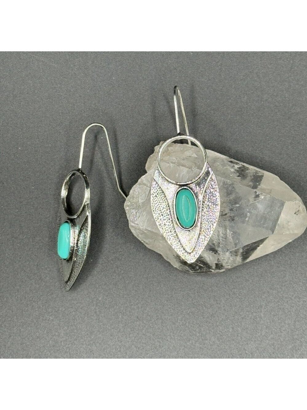 Silver Tone and Turquoise Hook Earrings #1374